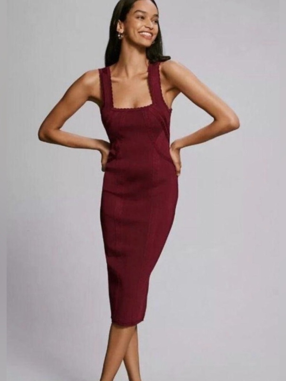 New Anthropologie Siren slim square neck midi knit sweater bodycon dress wine XS
